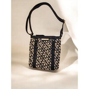 Tommy Hilfiger Black & Beige Crossbody Purse With Geometric Pattern